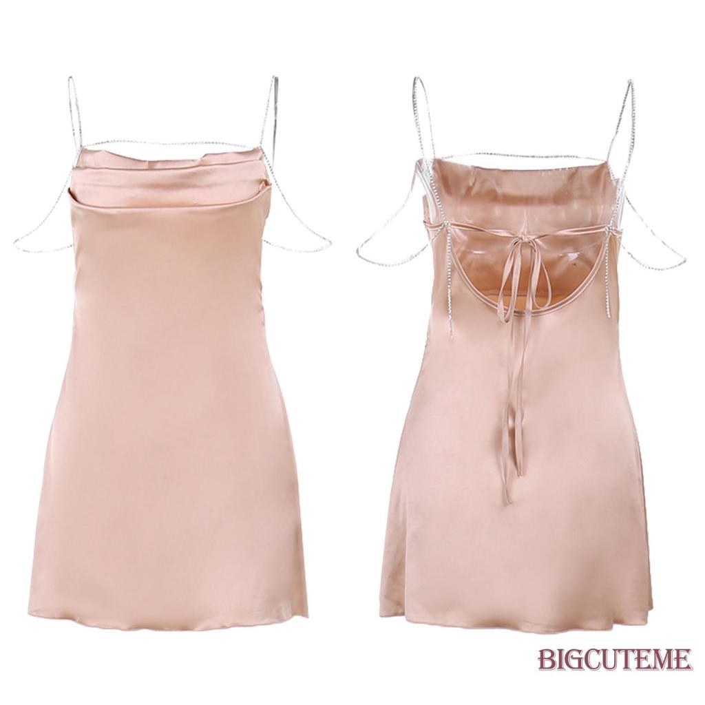 Đầm Ngắn Không Tay Hở Vai Màu Sắc Trơn Đính Đá Dành Cho Nữ