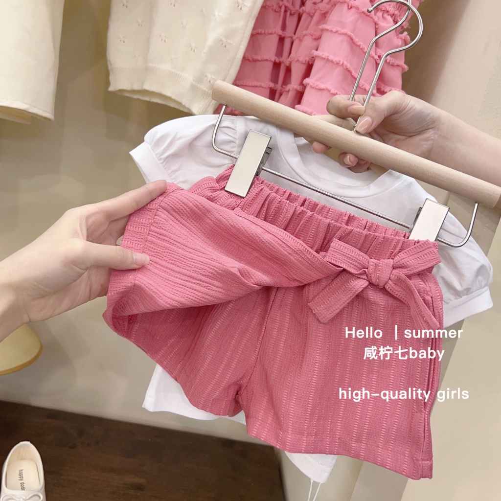 Set Áo Thun Tay Phồng + Quần Short Màu Hồng In Hình Thỏ Dễ Thương Phong Cách Hàn Quốc Thời Trang Mùa Hè Cho Bé Gái