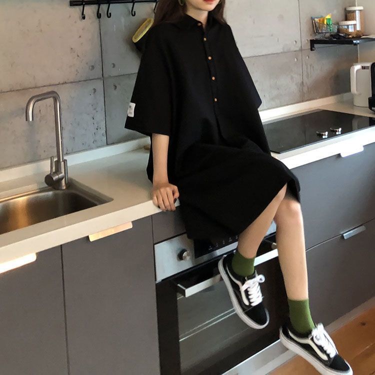 Plus Đầm Cổ Polo Màu Đen Kiểu Retro Pháp Thời Trang Mùa Hè Cho Nữ Có Size Lớn