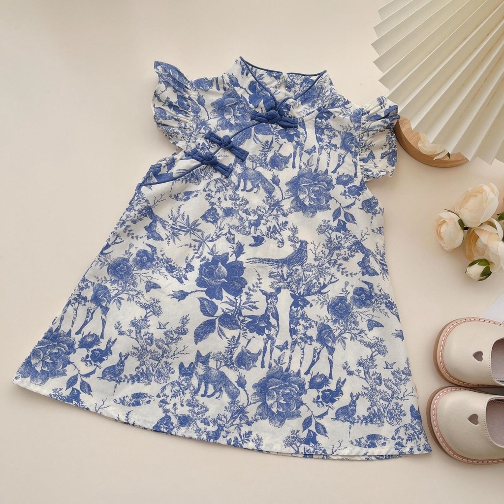 Đầm Sườn Xám Vải Cotton In Hoa Phong Cách Hàn Nhật Mới 2023 Cho Bé Gái