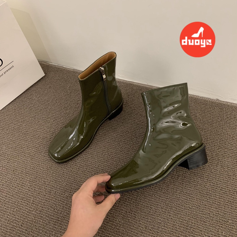 Duoya Tóc Thẳng ~ [Phong Cách Retro] Giày Bốt Martin Da Bóng Gót Vừa Dày Mũi Vuông Phong Cách Anh Quốc