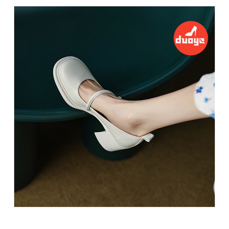 Duoya Tóc Thẳng ~ [Hàng Có Sẵn] Giày Cao Gót Mũi Tròn Bằng Da Thật Mềm Mại Thoải Mái Dễ Phối Đồ Cho Nữ Giới