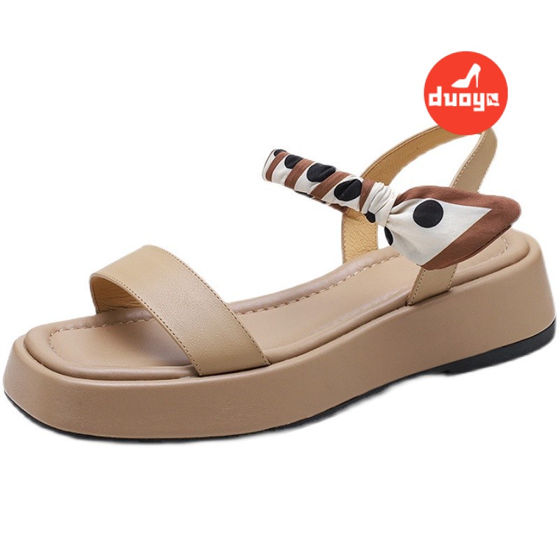 Duoya Tóc Thẳng ~ [Hàng Có Sẵn] Giày Sandal Da Thật Đế Phẳng Dày Quai Ngang Dễ Phối Đồ Cho Nữ Miễn Phí Vận Chuyển