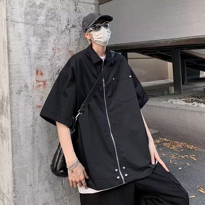 Áo Sơ Mi Ngắn Tay Dáng Rộng Phối Khóa Kéo Giản Dị Thời Trang Dành Cho Nam