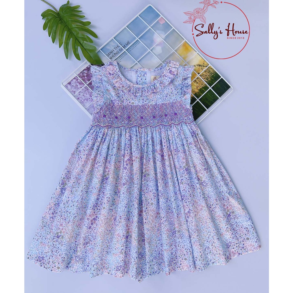 Đầm cho bé gái, đầm smock hoa tím, cổ bèo, đầm xích móc cho bé gái, vải cotton mềm mịn, đầm hai lớp.