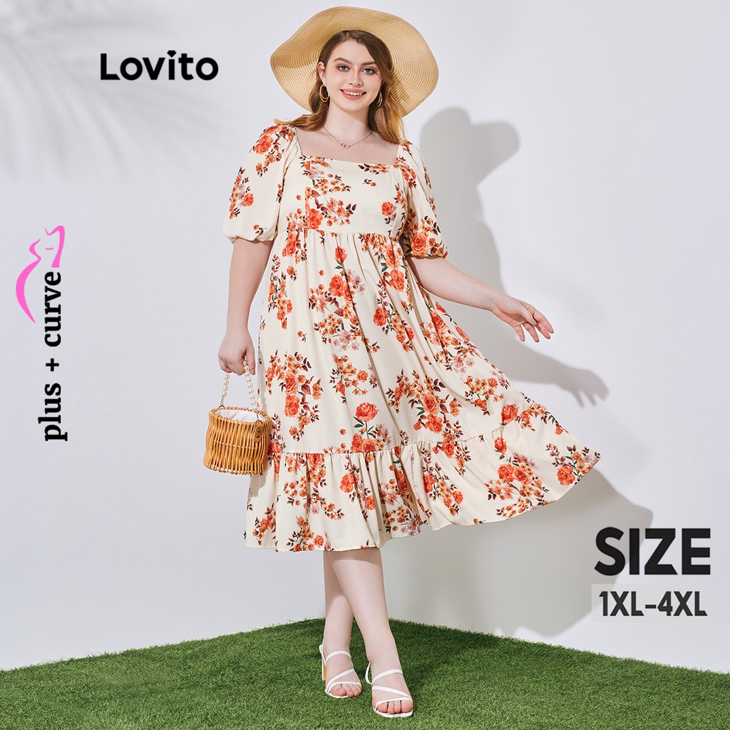 Đầm Lovito eo thun tay phồng viền lai bèo xếp nếp họa tiết hoa boho plus size cho nữ LPS08075 (nhiều màu sắc)