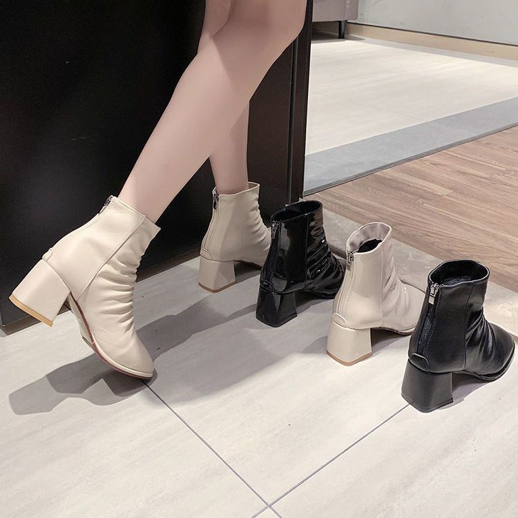 Giày Bốt Cao Gót Da Bóng Mũi Vuông Xếp Ly Thời Trang Cho Nữ