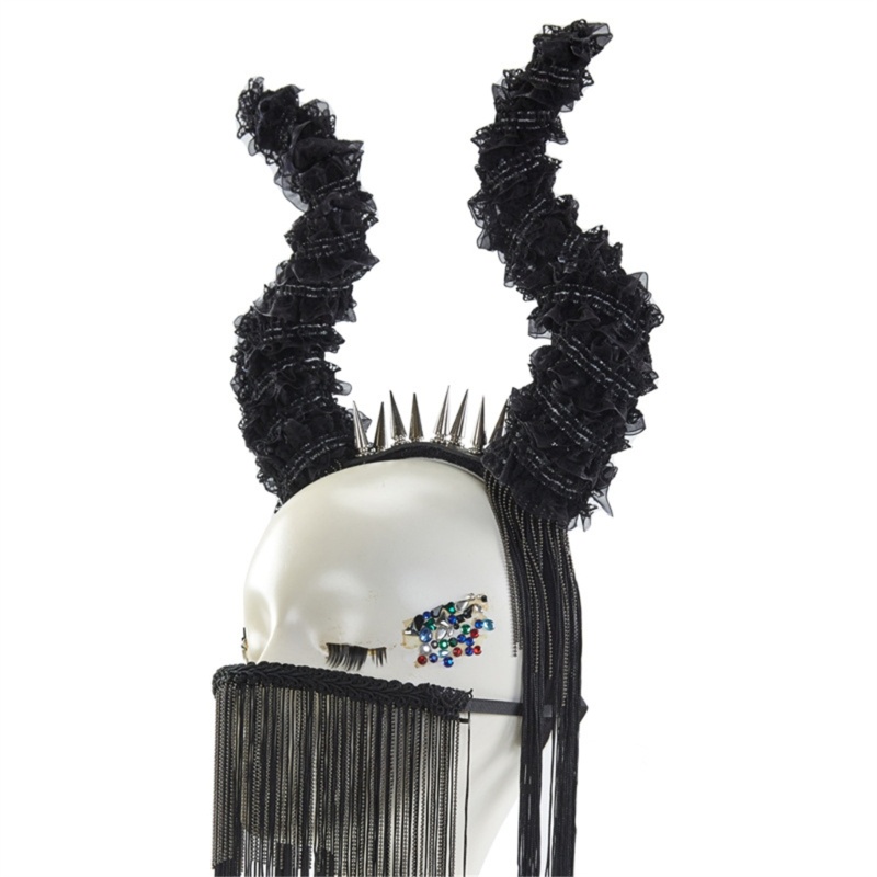 Băng Đô Cài Tóc Hình Sừng Quỷ Phối Tua Rua Phong Cách Halloween