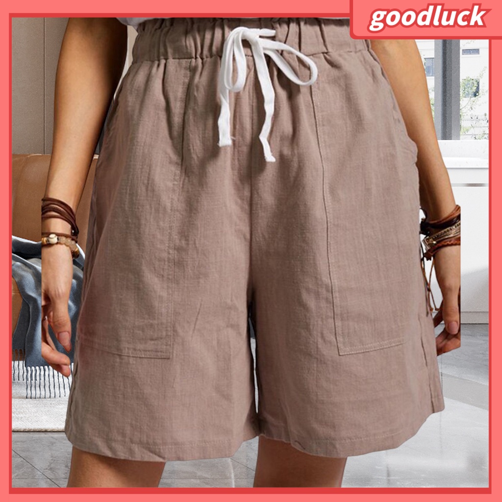 Quần ngắn ống rộng Lưng Thun Màu Trơn Phối Túi Lớn Thời Trang Đường Phố Mùa Hè