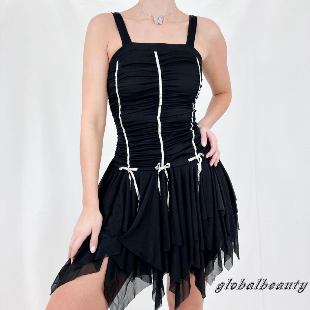 Đầm Mini Dáng Chữ A Không Tay Vạt Trước Không Đối Xứng Đính Nơ Phong Cách Gothic Thời Trang Mùa Hè Cho Nữ