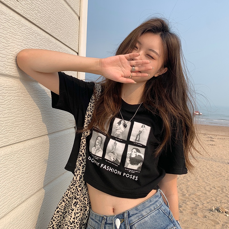 SUXI Áo Croptop Chất Liệu Cotton Dáng Ôm In Họa Tiết Phong Cách Cổ Điển Thời Trang Mùa Hè Cho Nữ