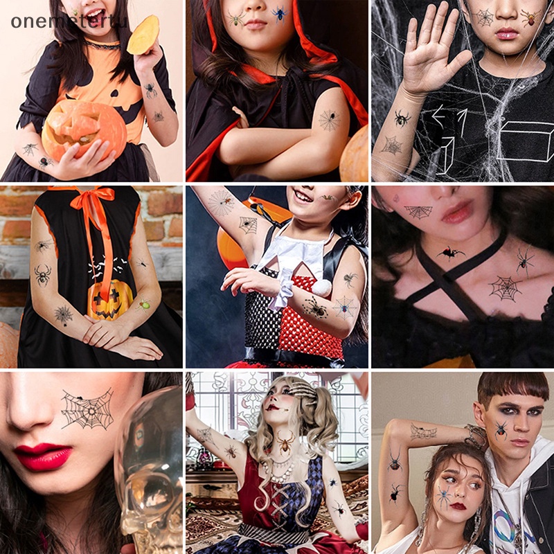 Set 12 Hình Xăm Dán Họa Tiết Mạng Nhện Đen Phong Cách Halloween