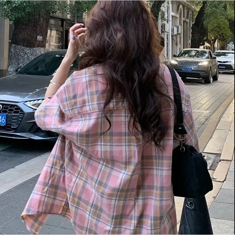 Áo Sơ Mi Ngắn Tay Dáng Rộng Hoa Văn Kẻ Ô Phong Cách Retro Nhật Bản Dành Cho Nữ