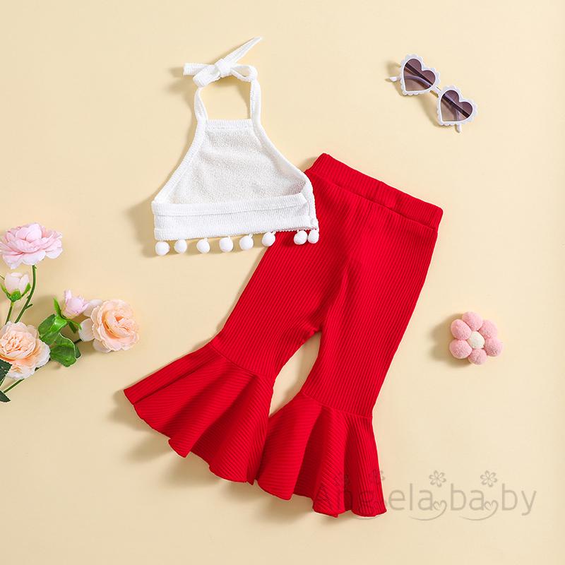 Set Áo Cổ Yếm + Quần Ống Loe Tua Rua Cho Bé Gái