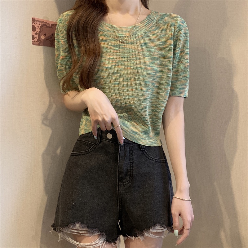 Áo Thun Nữ Ngắn Tay Cổ Tròn Màu Sắc Nổi Bật Phong Cách Hàn Quốc Thời Trang