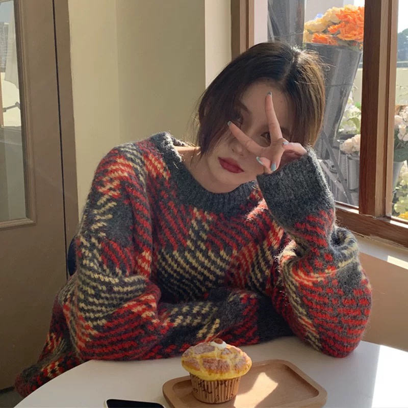 [Hàng Quảng Châu]SP381 Áo len nữ kẻ phối màu Hàn Quốc dày dặn ấm áp siêu dễ thương