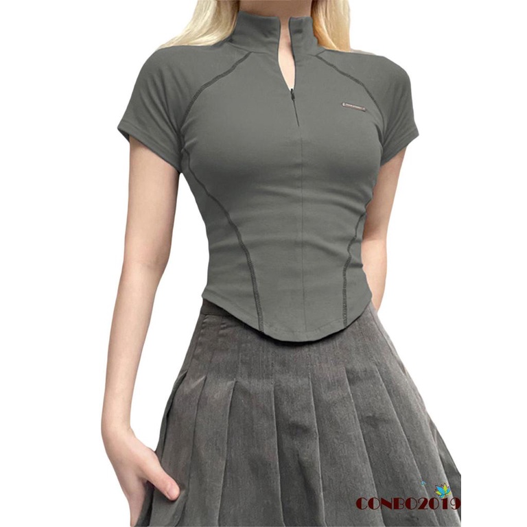 Áo Crop Top Tay Ngắn Cổ Đứng Phối Khóa Kéo Thời Trang Cho Nữ