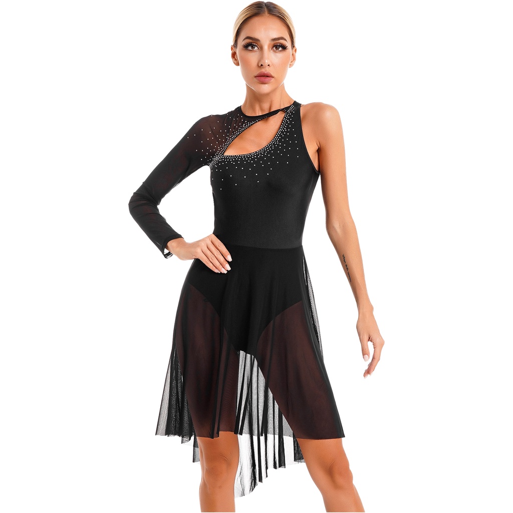 Nữ Hình Trượt Băng Trang Phục Lấp Lánh Kim Cương Giả Cutout Leotard Đầm Một Vai Sheer Lưới Dài Tay Lyrical Khiêu Vũ Đầm