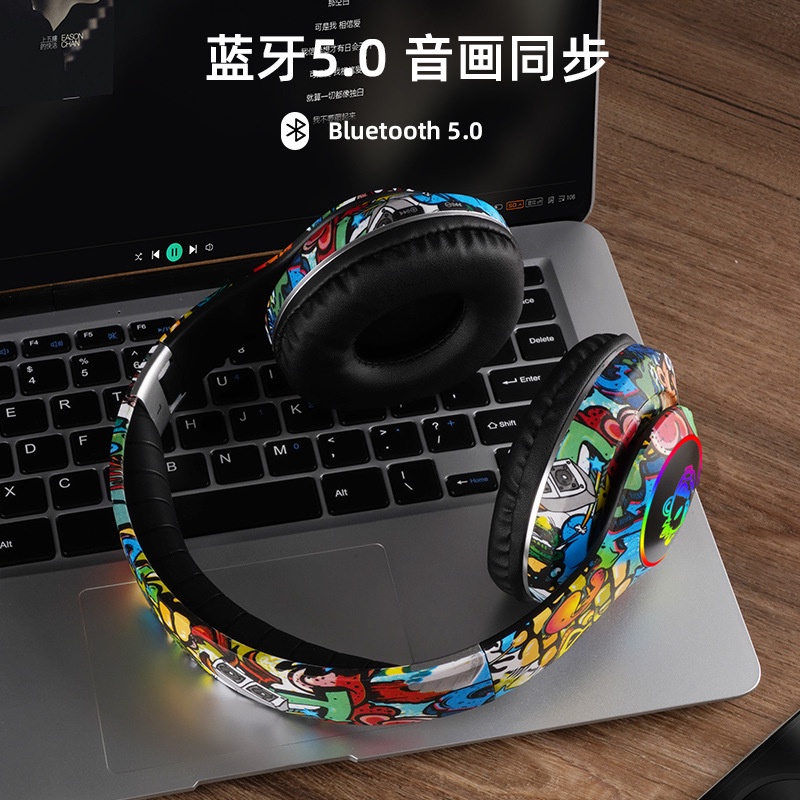 Tai Nghe Bluetooth Không Dây Dạ Quang Cắm Thẻ Trò Chơi Graffiti Hợp Thời Trang