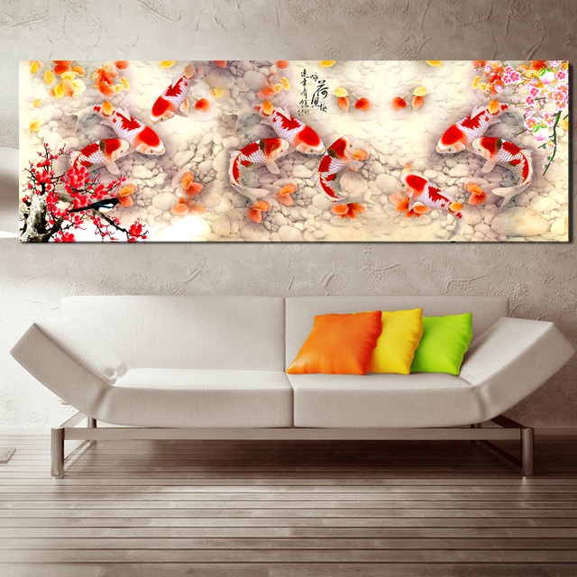 Tranh Vải Bạt Treo Tường In Hình Cá Koi Hoa Anh Đào Phong Cách Trung Hoa Trang Trí Nhà Cửa