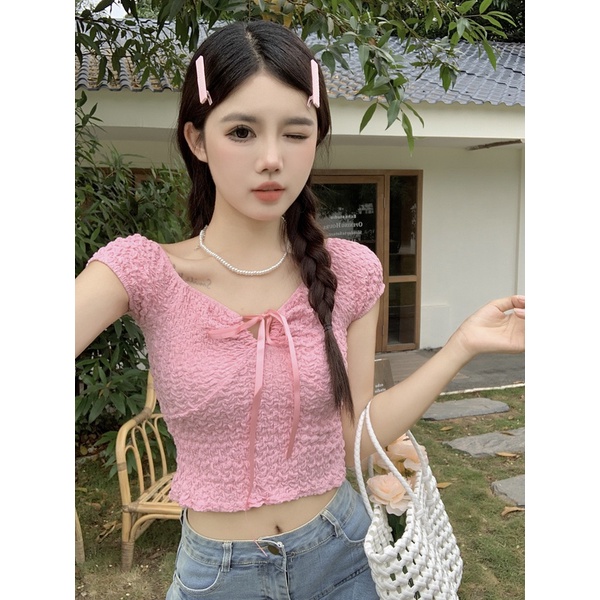 Áo Croptop Tay Ngắn Cổ Chữ V Thắt Nơ Quyến Rũ
