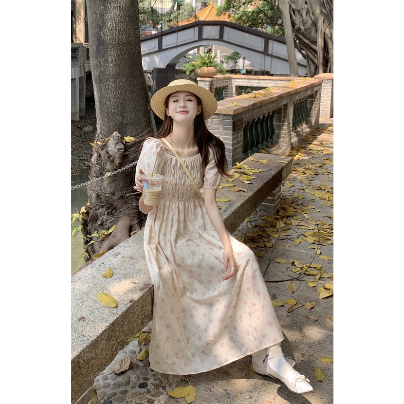 Đầm Dài Dáng Chữ a Tay Phồng Hở Vai In Họa Tiết Hoa Nhỏ Xinh Thời Trang Mùa Hè Phong Cách Hàn Quốc Cho