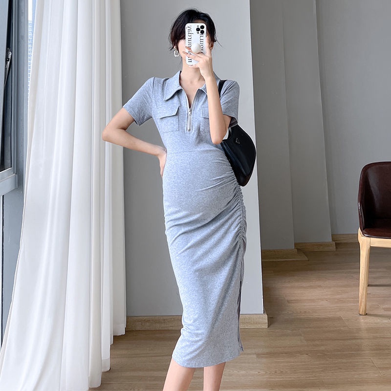 Phụ sản ve áo Váy cho con bú Váy mỏng vừa vặn và mỏng nóng bỏng Mẹ thời trang Thiết kế khí chất Sense Slit Váy dài đến đầu gối
