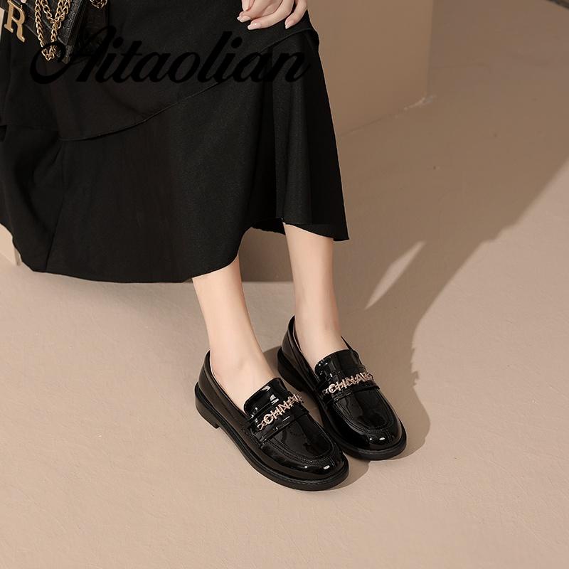 Giày Lười Da Bóng 3cm Mũi Tròn Phong Cách retro Anh Quốc Thời Trang