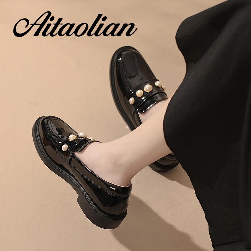 Giày Lười Da Bóng 3cm Mũi Tròn Phong Cách retro Anh Quốc Thời Trang