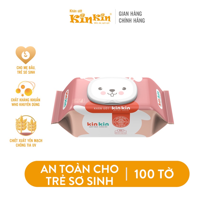 Khăn giấy ướt trẻ em an toàn cho cho làn da nhạy cảm KinKin không mùi/ hương trà xanh có nắp 100 tờ