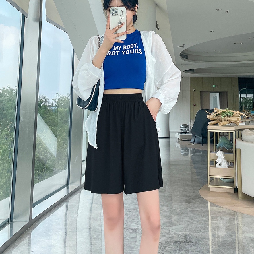 Quần Short Thể Thao Bằng Lụa Lạnh Dáng Rộng Dài Đến Đầu Gối Phong Cách Mỹ Cho Nữ