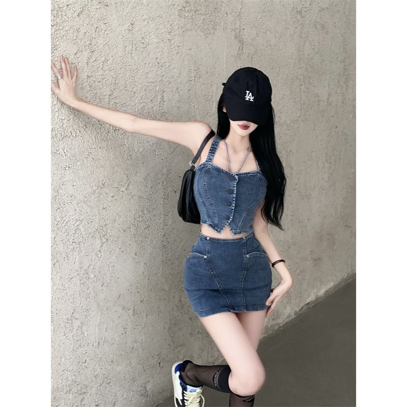 Bộ Áo Hai Dây Phối Chân Váy Denim Chữ a Lưng Cao Thời Trang Mùa Hè Cho Bạn Gái