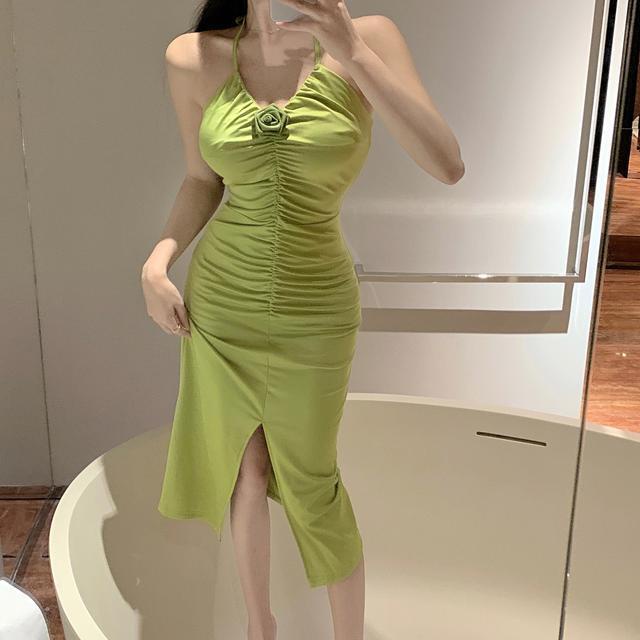 Đầm Cotton Hai Dây Ôm Dáng Xẻ Tà Màu Trắng / Xanh Lá Trái Cây Gợi Cảm Cho Nữ