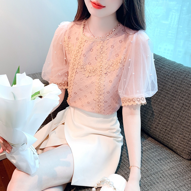 Áo Kiểu Tay Ngắn Phồng Cổ Tròn Phối Ren Đính Hạt Ngọt Ngào Thời Trang Mùa Hè Cho Nữ