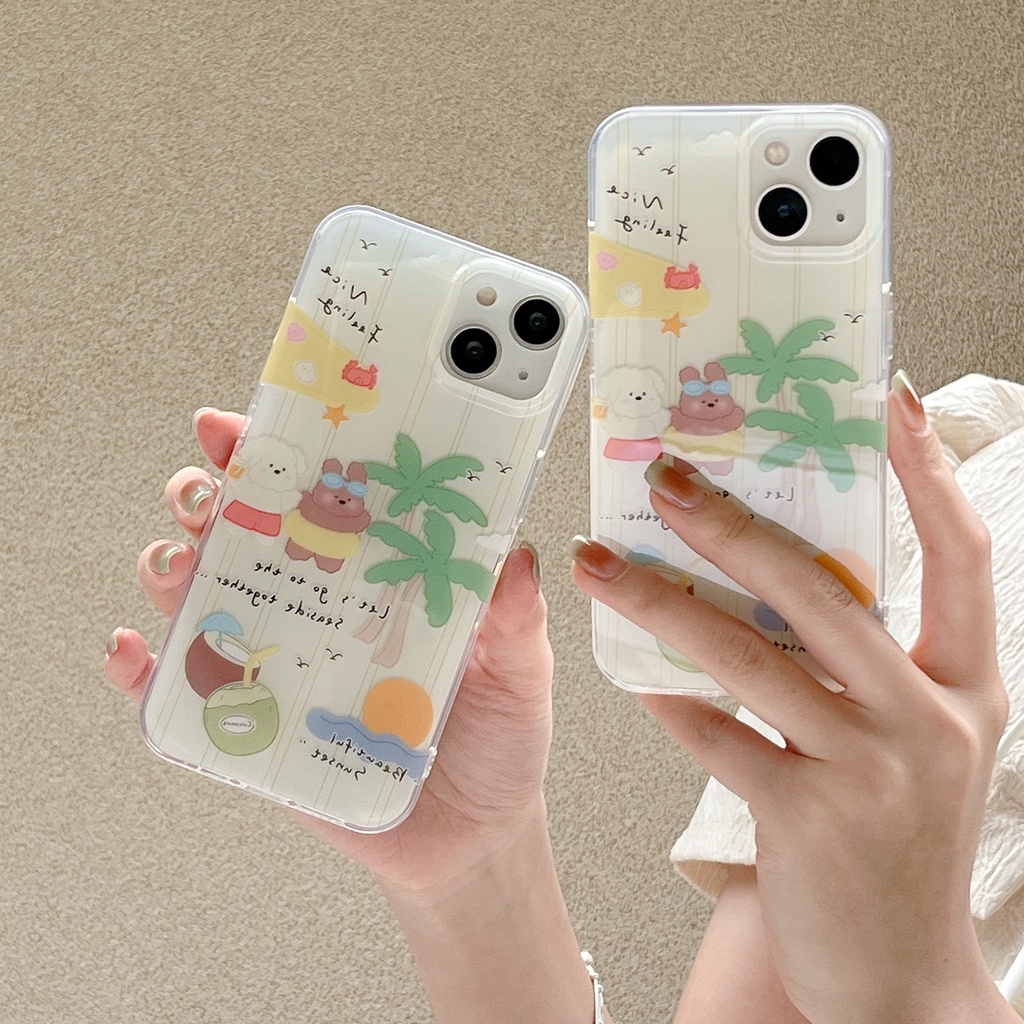 Ốp Điện Thoại Chống Sốc Hai Mặt Họa Tiết Cây Dừa Hoạt Hình Gắn Dây Đeo Cho IPhone 14 13 12 11 Pro Max