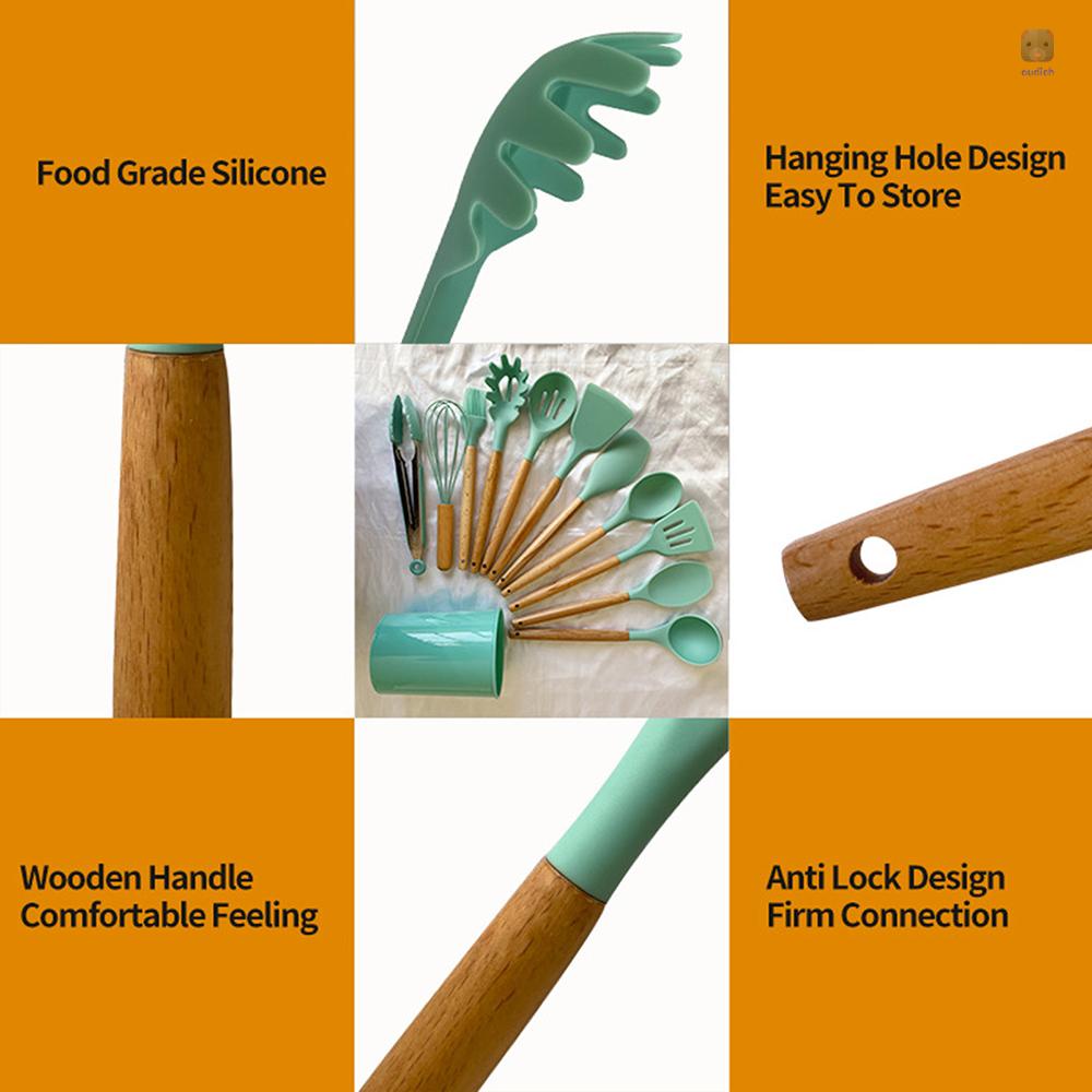 Bộ 12 Dụng Cụ Nấu Ăn Bằng Silicone Cán Gỗ Cách Nhiệt Chống Dính