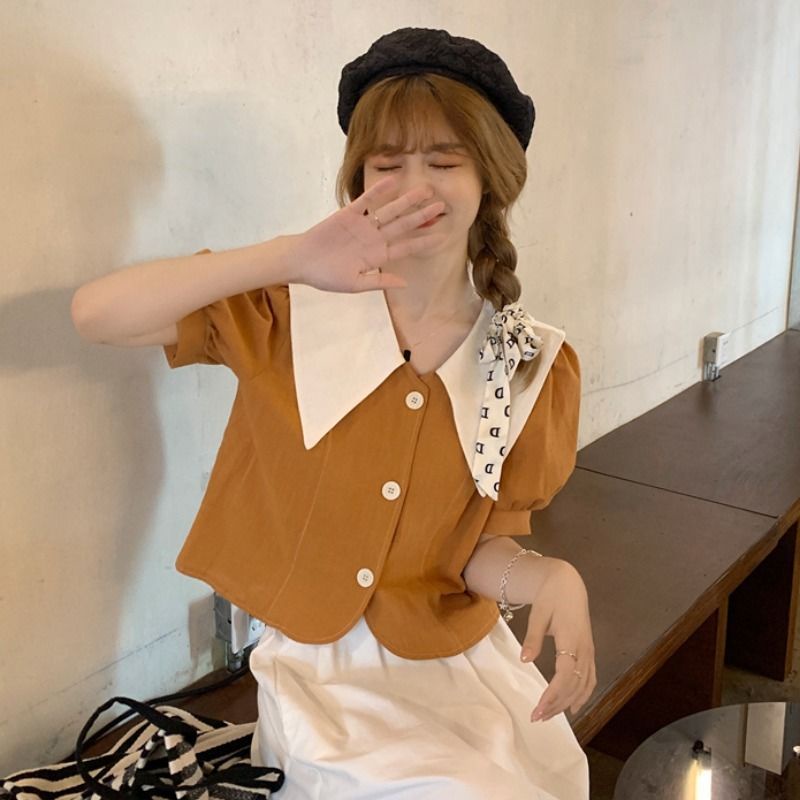 Áo Sơ Mi Ngắn Tay Cổ Búp Bê Màu Tương Phản Kiểu Pháp Thời Trang Mùa Xuân 2023 Mới Cho Nữ