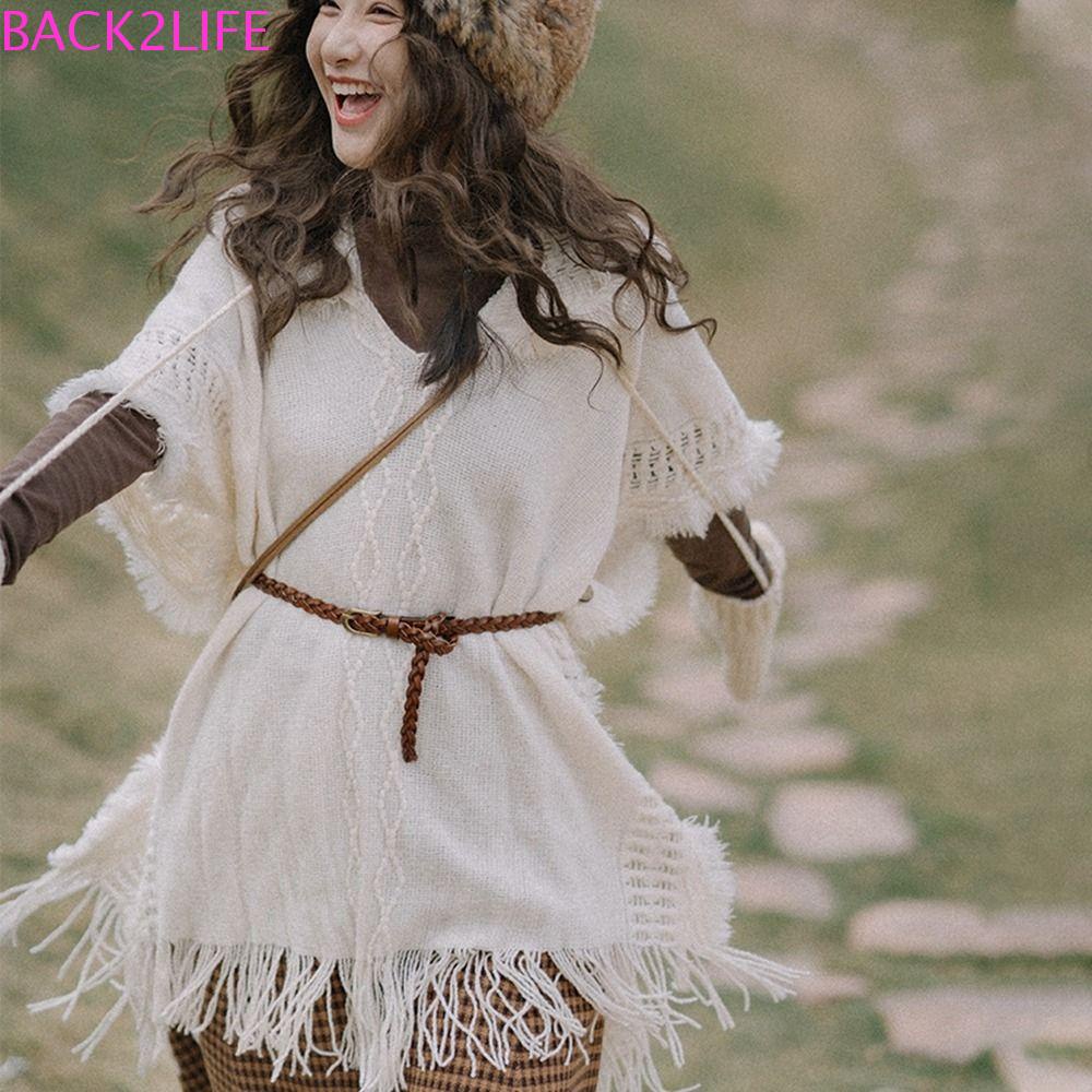 Khăn Choàng Cổ Dệt Kim Dày Dạng Tam Giác Khoét Rỗng Phối Tua Rua Kiểu Retro Cho Nữ 2life