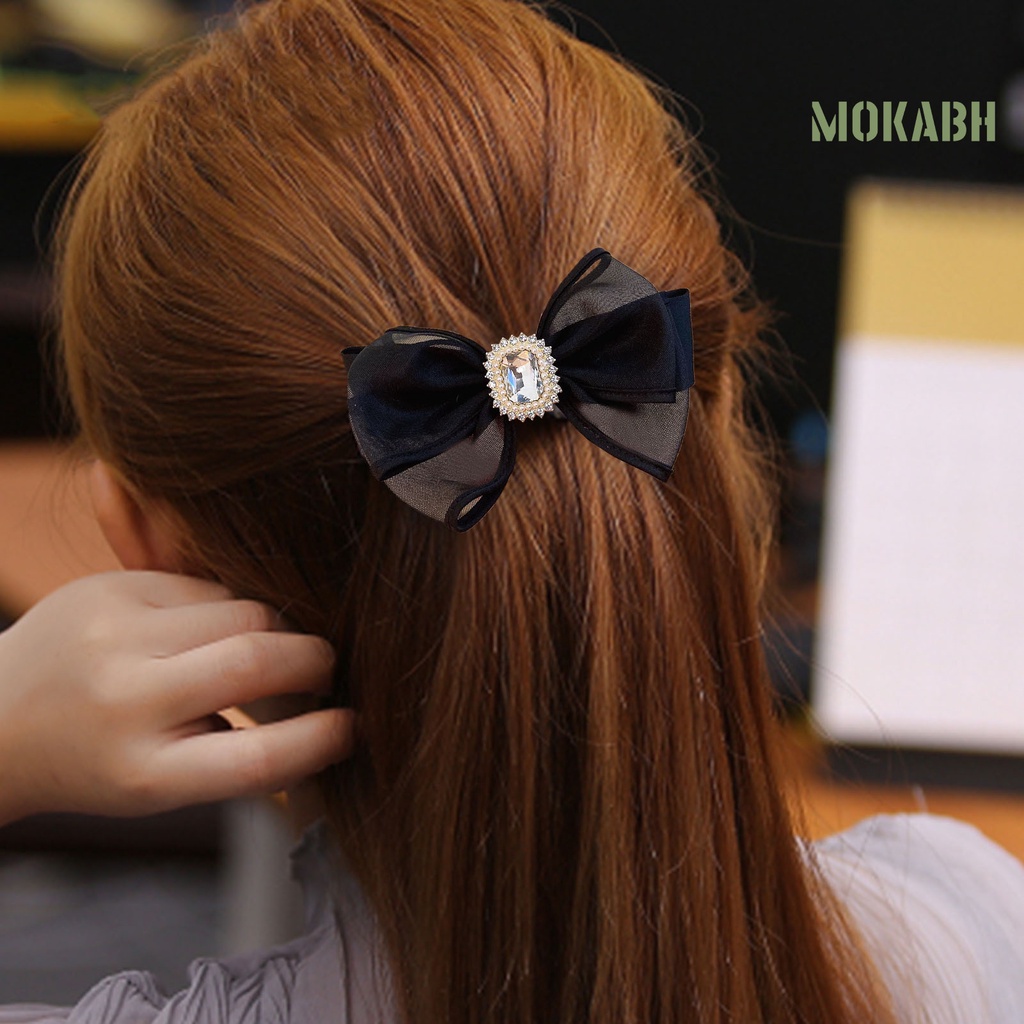 Kẹp Tóc Hình Nơ Lưới Đính Đá Ngọt Ngào Phong Cách Hàn Quốc