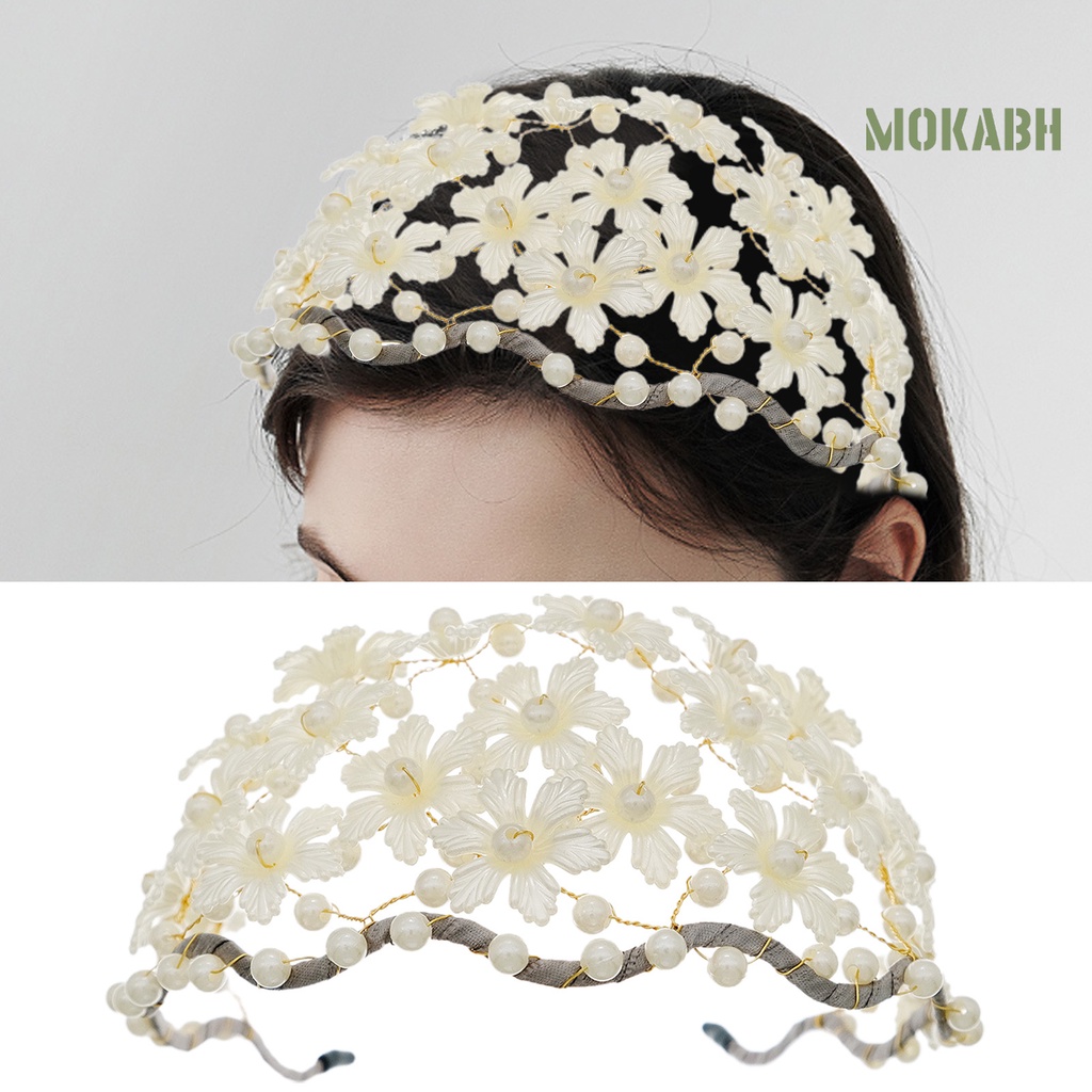 [Mok Abh] Băng Đô Cài Tóc Co Giãn Chống Trượt Họa Tiết Hoa Đính Ngọc Trai Giả Dành Cho Nữ