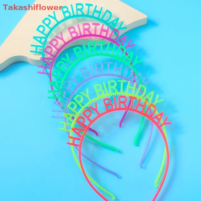 (Takashiflower) Phụ Kiện Băng Đô Nhựa Sinh Nhật Phát Sáng Trong Bóng Tối Màu Vàng Và Bạc in Chữ Happy Birthday Dành Cho Trẻ Em