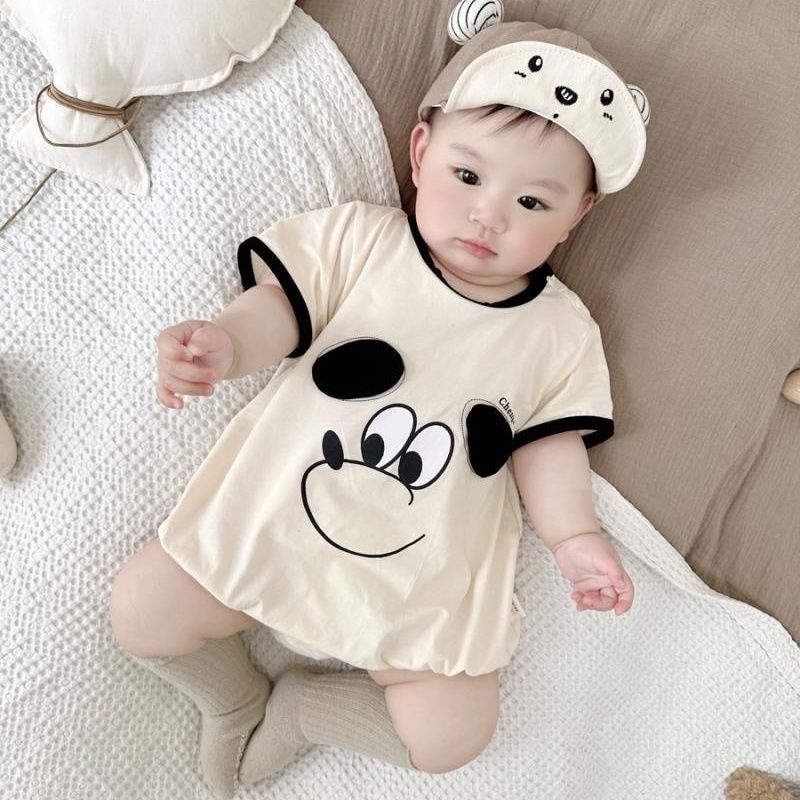 Áo Liền Quần Tam Giác Tay Ngắn In Hình Chú Chó Hoạt Hình Bằng Vải Cotton Thời Trang Mùa Hè Cho Bé Sơ Sinh 0-2