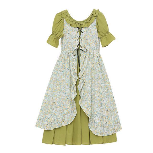 Hàng Mới Về Đầm Cotton Lanh Sơn Dầu Eo Hẹp Giả Hai Mảnh Phong Cách Retro Pháp 2023 Hàng Mới