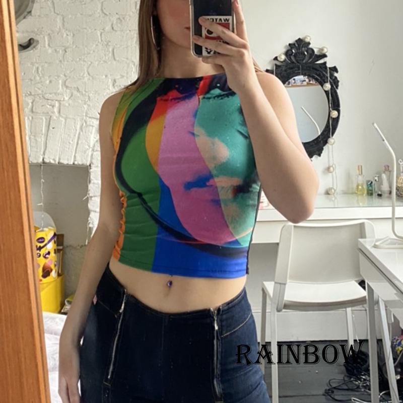 Áo Tank Top Cổ Tròn Màu Sắc Cầu Vồng Tương Phản Thời Trang Mùa Hè Cho Nữ