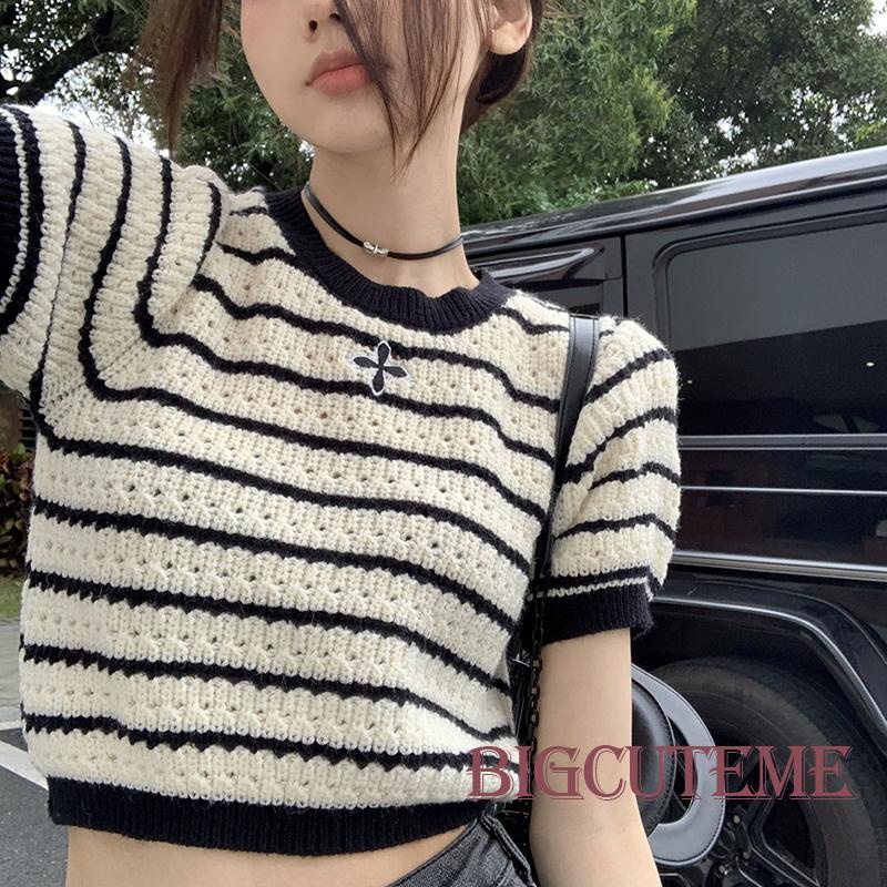 Áo Thun Dệt Kim Tay Ngắn Cổ Tròn Thêu Họa Tiết Kẻ Sọc Thời Trang Mùa Hè Cho Nữ