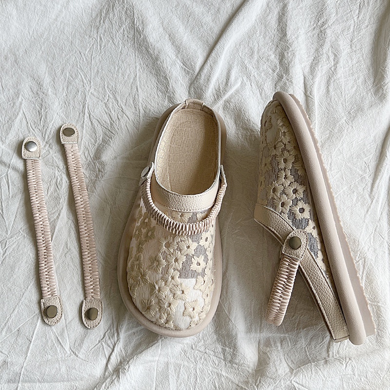 Duoya Tóc Thẳng ~ [Hàng Có Sẵn] Giày Sandal Bít Mũi Đế Mềm Thoáng Khí Phối Ren Rỗng Đơn Giản Dễ Phối Đồ Hàng Miễn Phí Cho Nữ