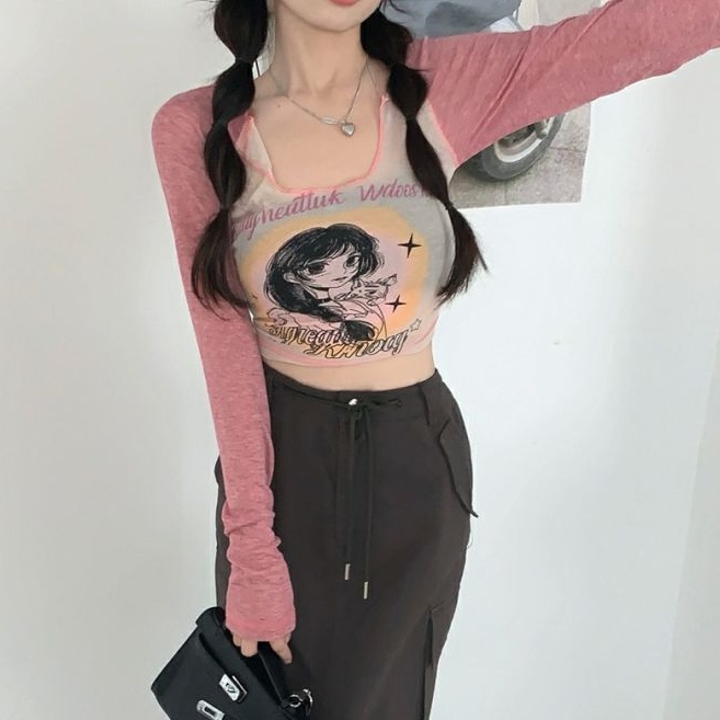 Áo baby tee Thun croptop Lửng Tay Dài Dáng Ôm Màu Sắc Tương Phản Thời Trang Cho Nữ