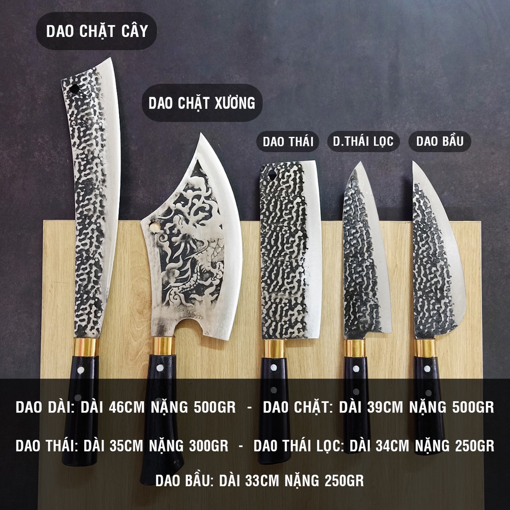 Bộ Dao Nhà Bếp Đa Năng - Rèn Từ Thép Nhíp Dập Vân 2 Mặt, Dùng Chặt Cây, Chặt Xương, Thái Lọc Thịt