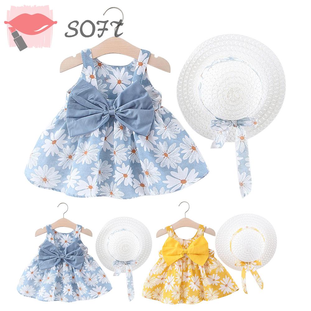 Set 2 Món Đầm Không Tay In Hoa + Mũ Thời Trang Mùa Hè Dễ Thương Dành Cho Bé Gái