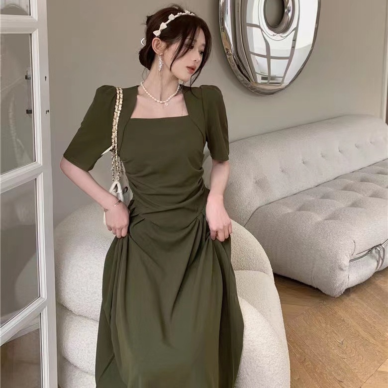 Đầm Tay Ngắn Cổ Vuông Màu Sắc Đơn Giản Phong Cách Pháp Thời Trang Mùa Hè Xinh Xắn Cho Nữ